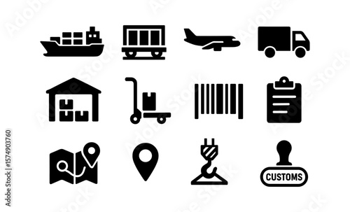 Silhouette icons: shipping, logistics, and transportation symbols