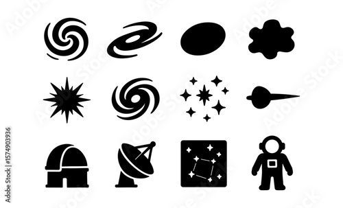 Space icons set: silhouette designs of galaxies, stars, planets, and astronauts
