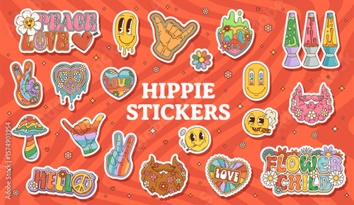 Cartoon groovy hippie stickers pack. Retro funky labels or tags, 80s funny groovy vector patches. Mushroom, smoking emoji faces, hearts and beard with flowers, peace hands signs, lava lamp sticker set