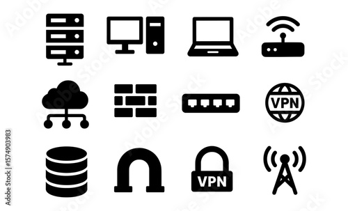 Simple technology icons: computers, networking, and security symbols