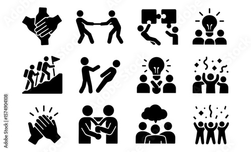 Teamwork and collaboration icons set highlighting success and innovation