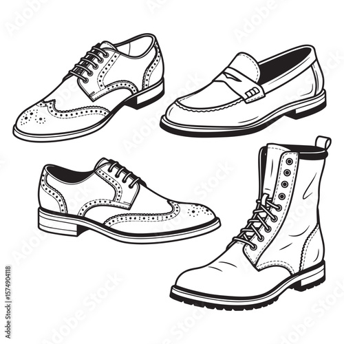 Hand drawn set of classic mens shoes and boots in black and white