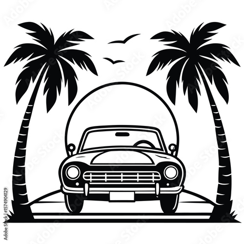 Retro Convertible Car Under Palm Trees With Sun Silhouette Summer Vacation Road Trip