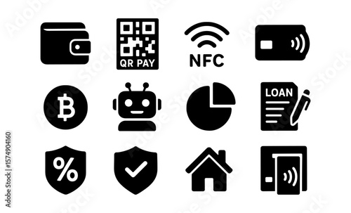 Financial and technology icon set: wallets, qr, nfc, bitcoin, security, home