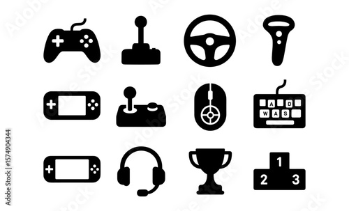 Gaming device icons set: silhouettes of consoles, controllers, and accessories