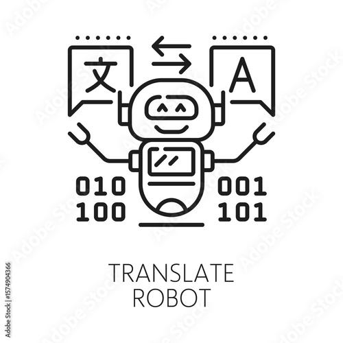 English language translation robot line icon or sign. Language translation lineart vector pictogram, English language dictionary linear icon. Translate symbol with robot or droid cute character