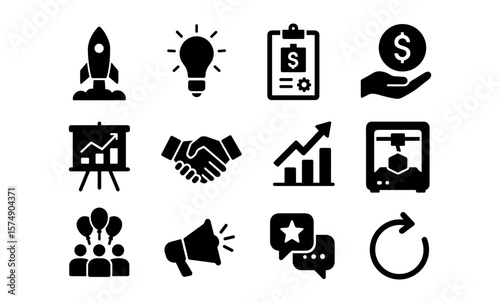 Business growth icons: innovation, marketing, and strategy symbols for success