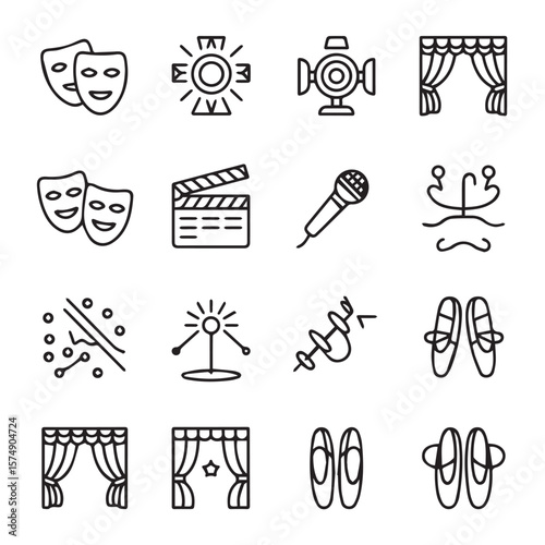 A collection of theatrical icons representing drama, comedy, music, and dance performances