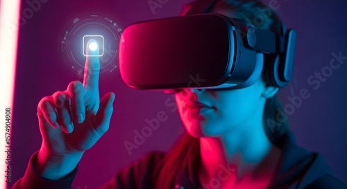 Woman in VR Headset Interacting with a Digital Interface, Exploring Immersive Virtual Reality Experience