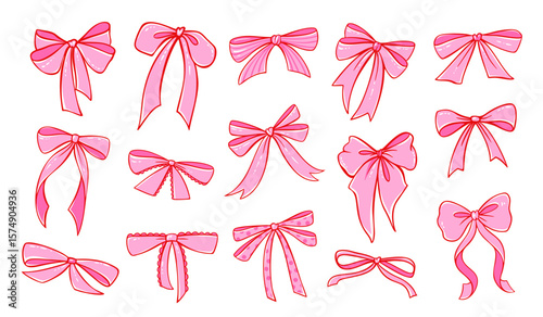Set of pink coquette bows in vector style. Cute bow clipart for fashion, present, romantic cards, girly decor