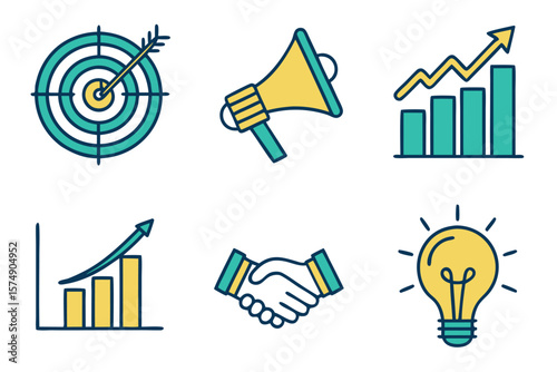 Icon Set of Target Megaphone Graph Handshake and Lightbulb