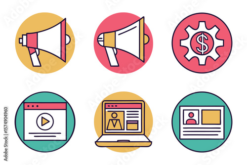 Icons of Megaphone, Gear, Dollar, Laptop, and Profile in Circles