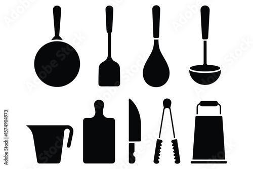 Black kitchen utensils and cooking tools vector