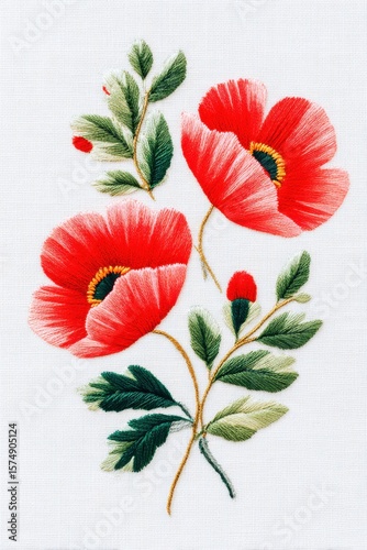 Detailed embroidery of red poppies and green leaves forming a delicate floral composition