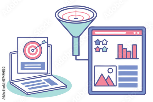 Marketing Funnel with Laptop Tablet and Target Icon