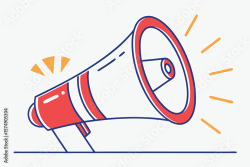 Red and White Megaphone Illustration with Orange and Blue Geometric Elements
