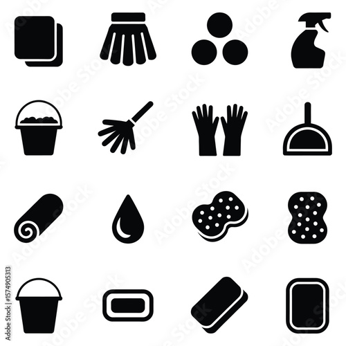 Cleaning supplies icons bucket spray bottle