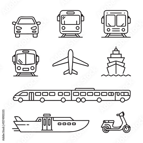 An array of transportation icons featuring cars, trains, airplanes, ships, and scooters for travel and logistics