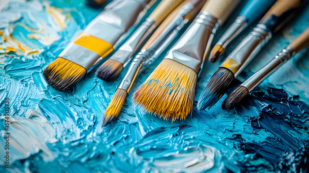 Obraz premium Close-up of various paintbrushes on a blue and white painted canvas.