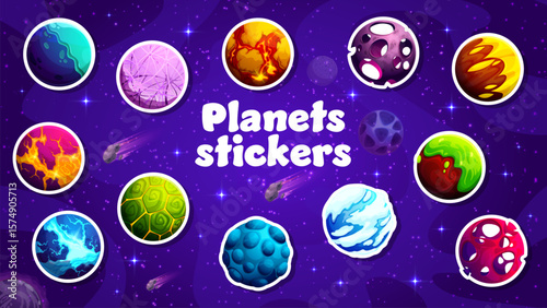 Fantasy alien galaxy space planets sticker pack. Cartoon vector patches set of vibrant cosmic spheres against a starry purple sky background. Surreal celestial bodies with colorful surface in Universe
