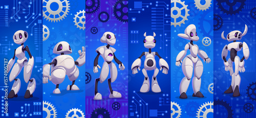 Cartoon futuristic robot and droid characters collage. Vector mechanical backgrounds showing gears and circuits, advanced technology and innovative robotics, artificial intelligence cyber machines