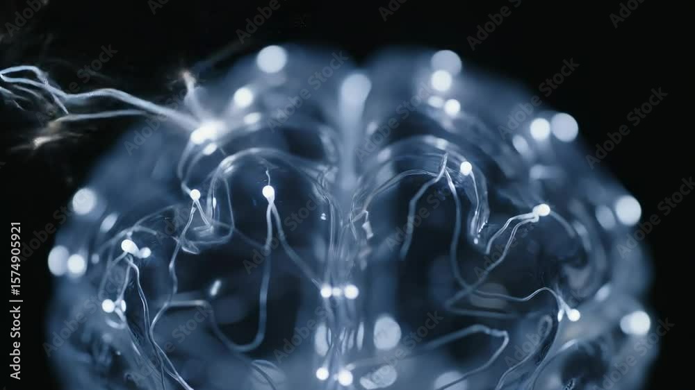 Electric sparks travel through neural network inside transparent brain model in slow-motion macro animation

