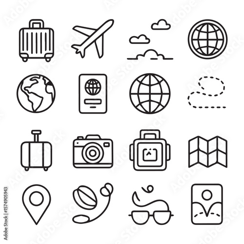 A diverse collection of travel icons including an airplane, passport, globe, map, suitcase, camera, and location pin