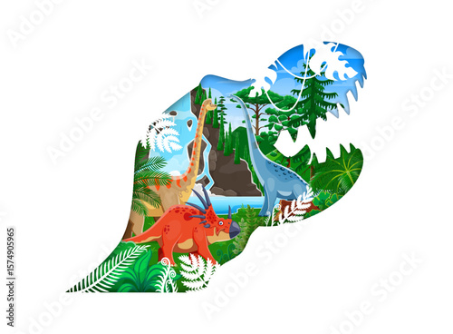 Tyrannosaur t rex dinosaur silhouette with prehistoric jungle and ancient reptiles inside. Vector reptile head frame with wild nature landscape, waterfall, ferns and giant primeval herbivores roam