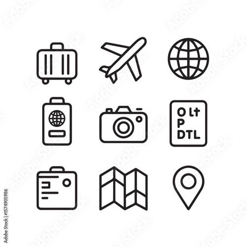 A set of travel icons featuring an airplane, passport, globe, map, suitcase, camera, and location pin