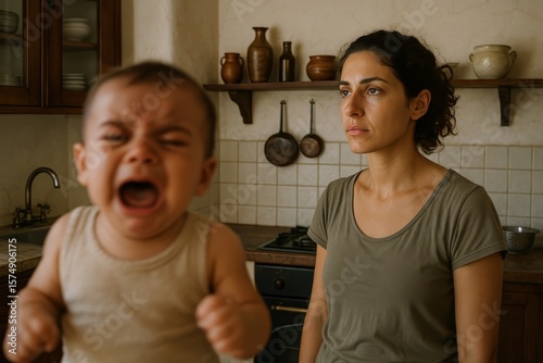 Distressed mother looks away while her blurred baby cries loudly in the foreground. This image captures the overwhelming reality of parenthood and stress. Postpartum depression.