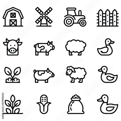 Farm icons barn windmill tractor fence cow pig sheep duck plant corn sack