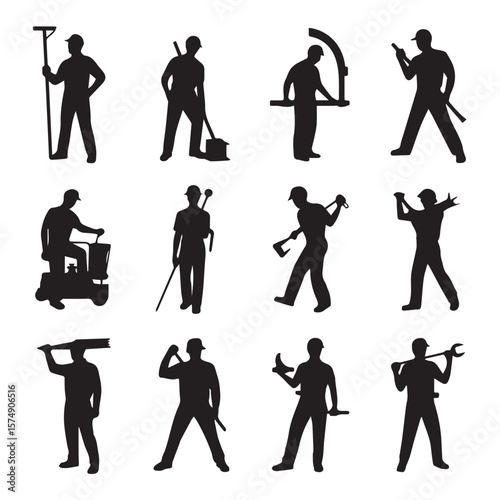 A grid of black silhouettes depicting various workers engaged in different professions and tasks, showcasing diverse labor