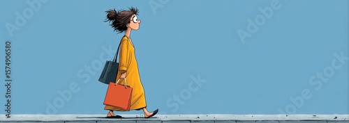 Illustration d'une femme en jaune marchant avec des sacs de shopping