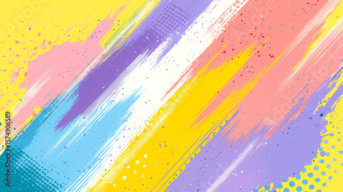 Soft pastel streaks sweep diagonally with playful energy, blending peach, lavender, and blue into a comic-style splash.