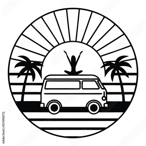 Vintage Summer Van Life Palm Trees Sun Rays Yoga Pose T Shirt
