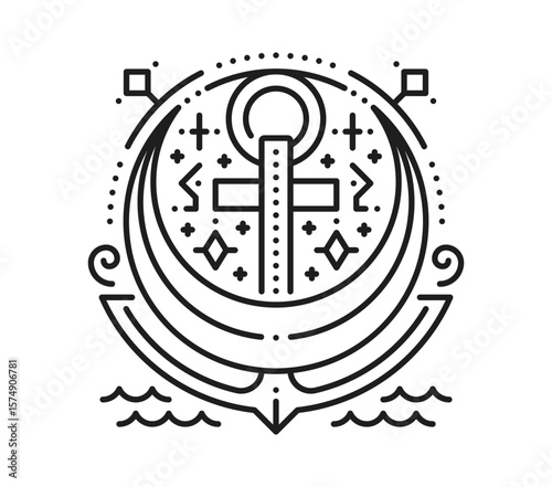 Pirate ship anchor esoteric line symbol. Pirate tarot linear vector sign, filibuster sailing sacred lineart symbol. Buccaneer marine esoteric thin line print or tattoo with anchor and crescent