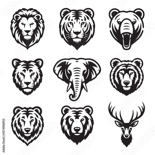 A collection of stylized animal head icons including lions, tigers, elephants, bears, and deer