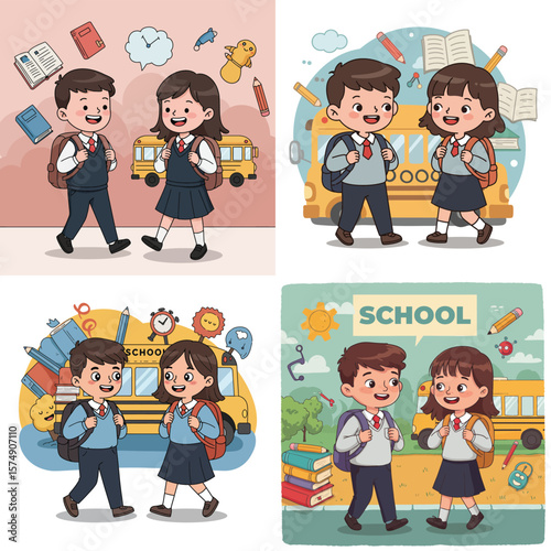 Cute School Kids Walking with Backpacks Vector Set – Back to School Cartoon Illustration