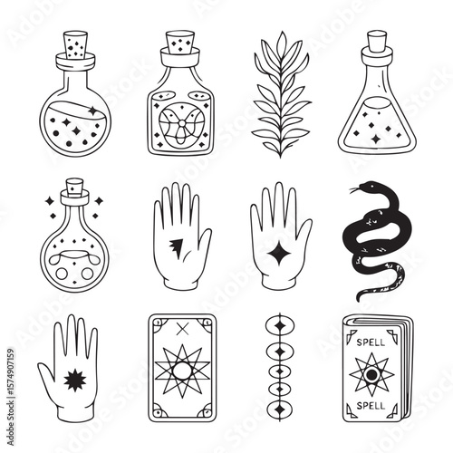 A collection of mystical and magical icons including potion bottles, tarot cards, snake, and hands