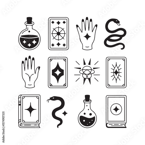 A curated collection of esoteric symbols featuring tarot cards, snakes, potions, hands, and celestial elements