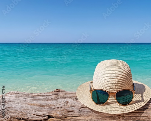 A straw hat with sunglasses rests on driftwood by a turquoise sea under a clear blue sky, evoking a peaceful beach vacation vibe.