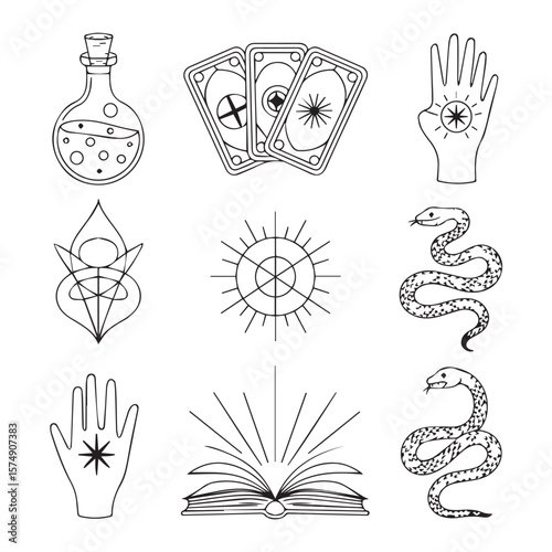 A collection of mystical symbols including tarot cards, snakes, potions, and hands, representing esoteric practices