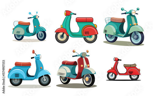 Six Vintage Scooters Red and Teal Collection