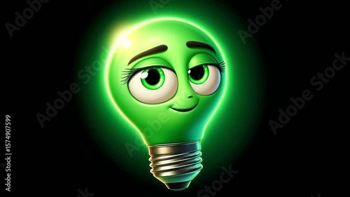 Animation of a 3D cute adorable green ecological light bulb cartoon