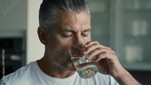 Middle-aged man drinking water at home kitchen for healthy lifestyle and hydration concept. maintaining wellness and health by staying hydrated during daily activities.