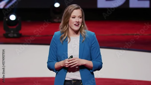 Motivational talk by business woman in blue blazer on stage during inspiring public speaking event. concept of encouragement, confidence building, public speaking, female empowerment