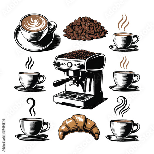 A delightful assortment of coffeerelated items, featuring an espresso machine, steaming cups of coffee, a pile of beans, and a fresh croissant
