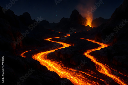 Multiple channels of lava snake through a mountain valley at night forming glowing trails while drones monitor flow rate and scientists compare it to previous eruptions and the data