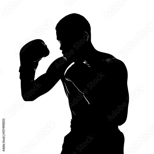 Silhouette of a boxer poised in a defensive stance wearing gloves and showing muscular physique ready to fight