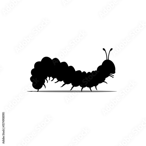 Caterpillar crawling across a plain area with its many legs and segmented body shown as a silhouette